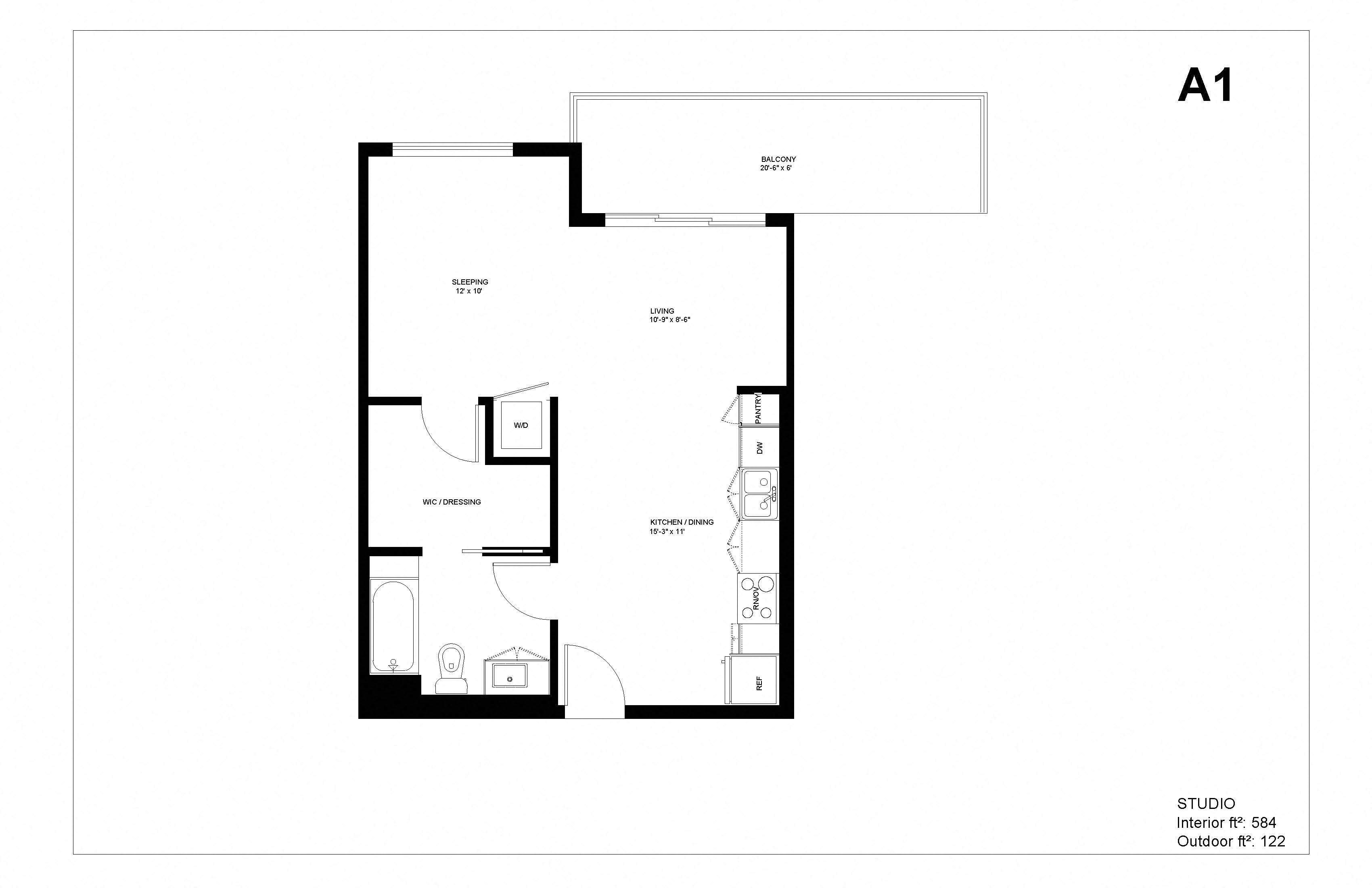 Floor plan for studio, 1 bath, 584 sqft