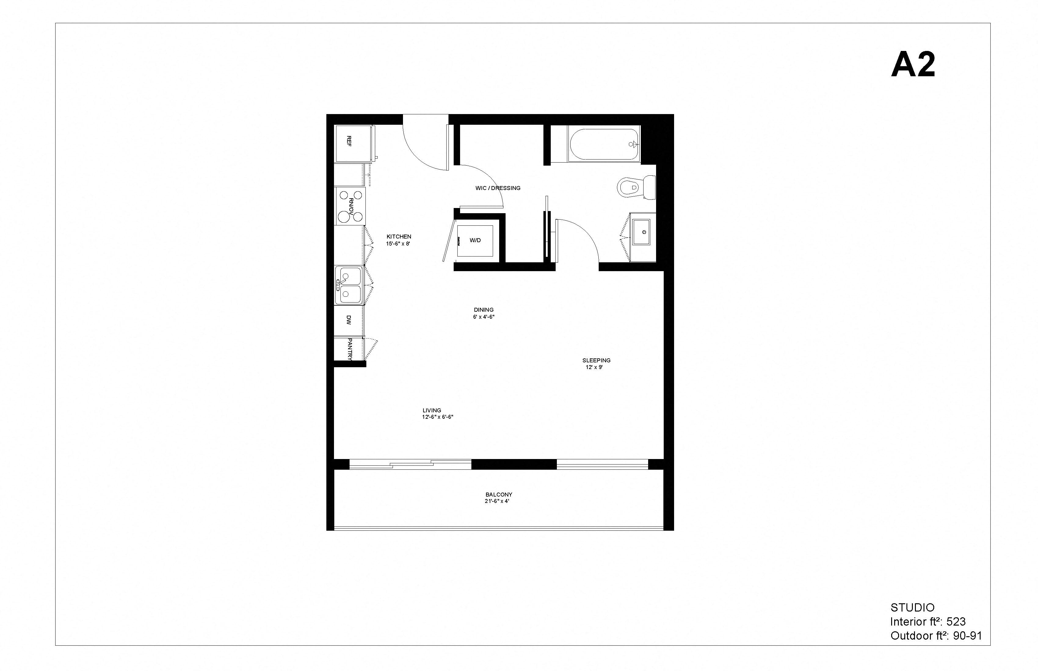 Floor plan for studio, 1 bath, 523 sqft