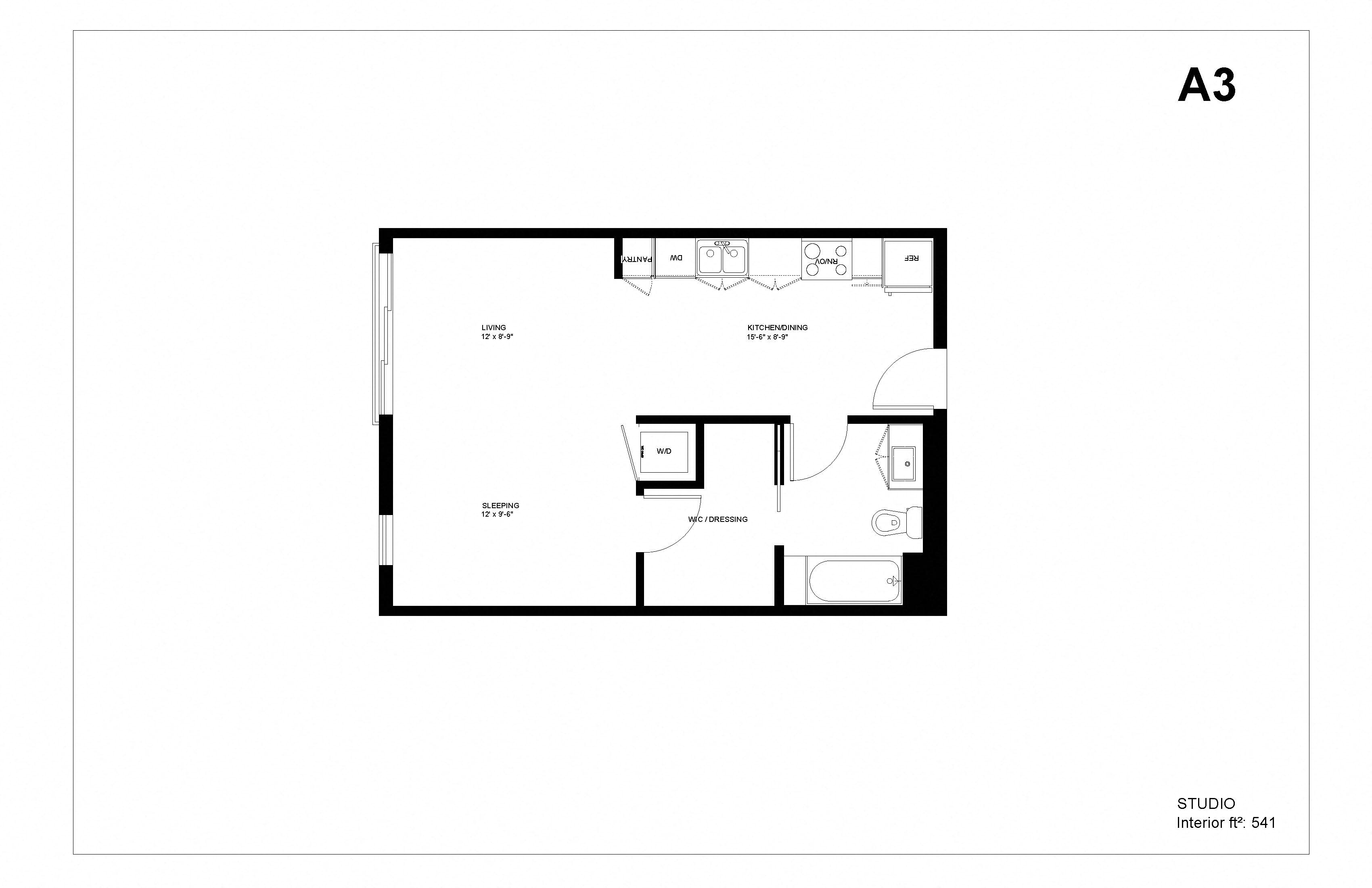 Floor plan for studio, 1 bath, 541 sqft