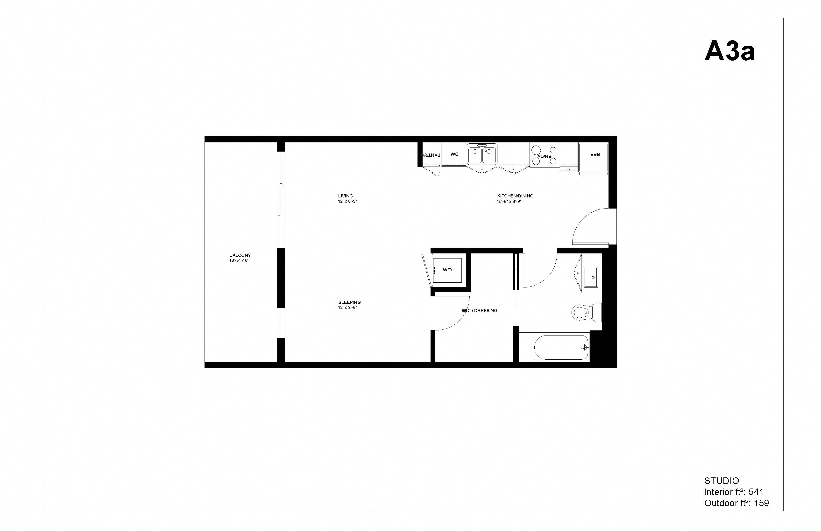 Floor plan for studio, 1 bath, 541 sqft