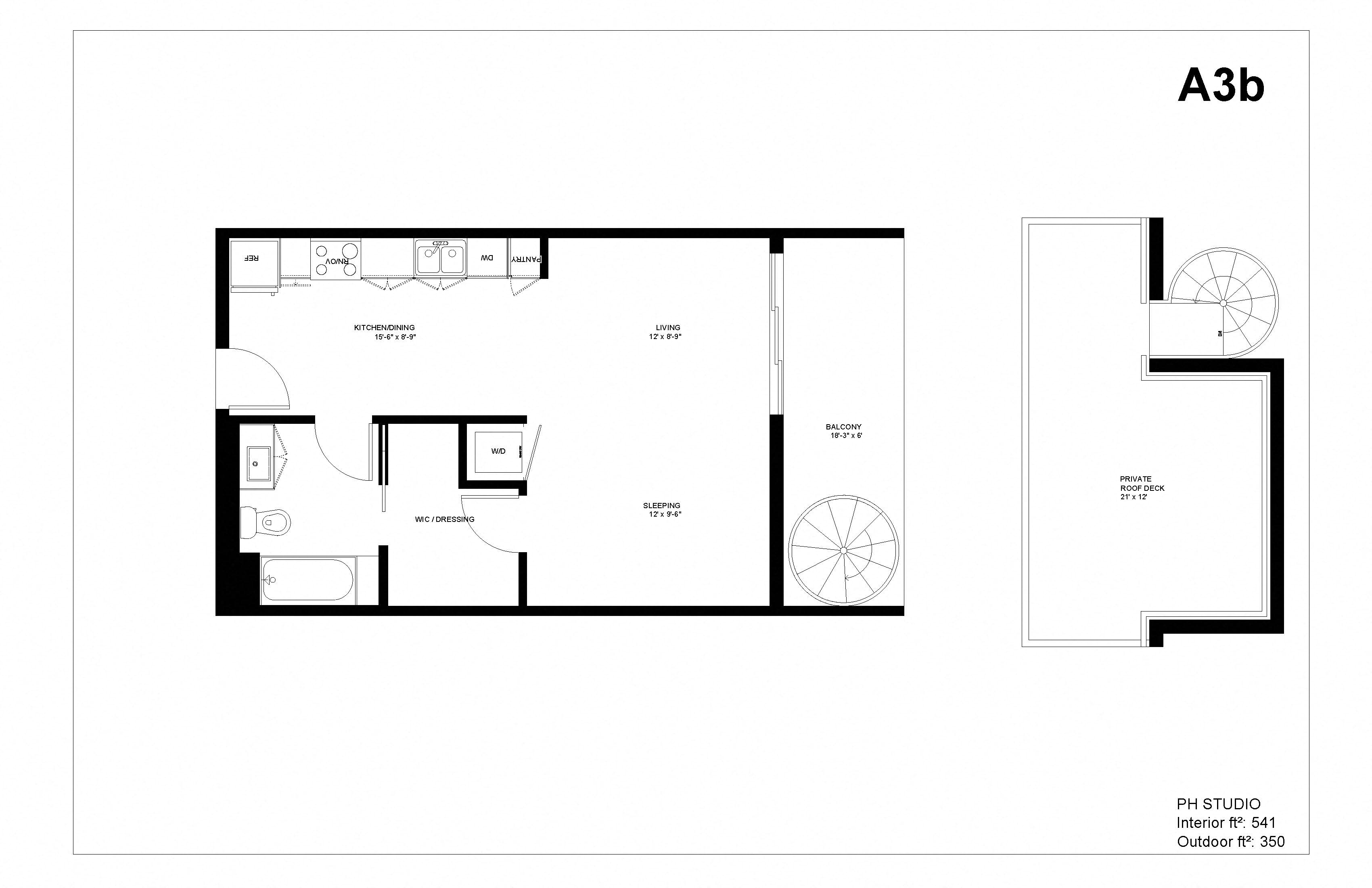Floor plan for studio, 1 bath, 541 sqft