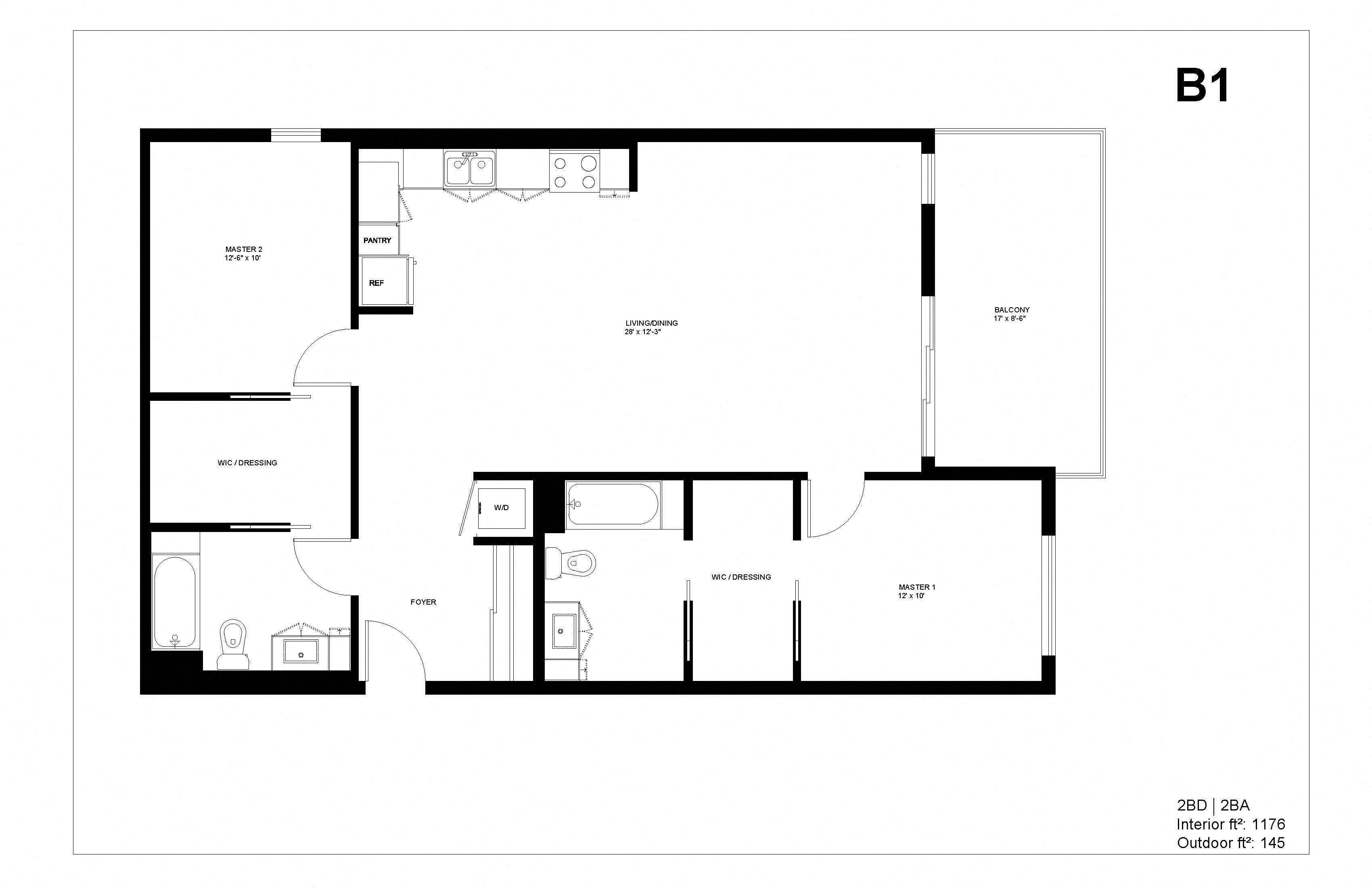 Floor plan for 2 beds, 2 baths, 1176 sqft