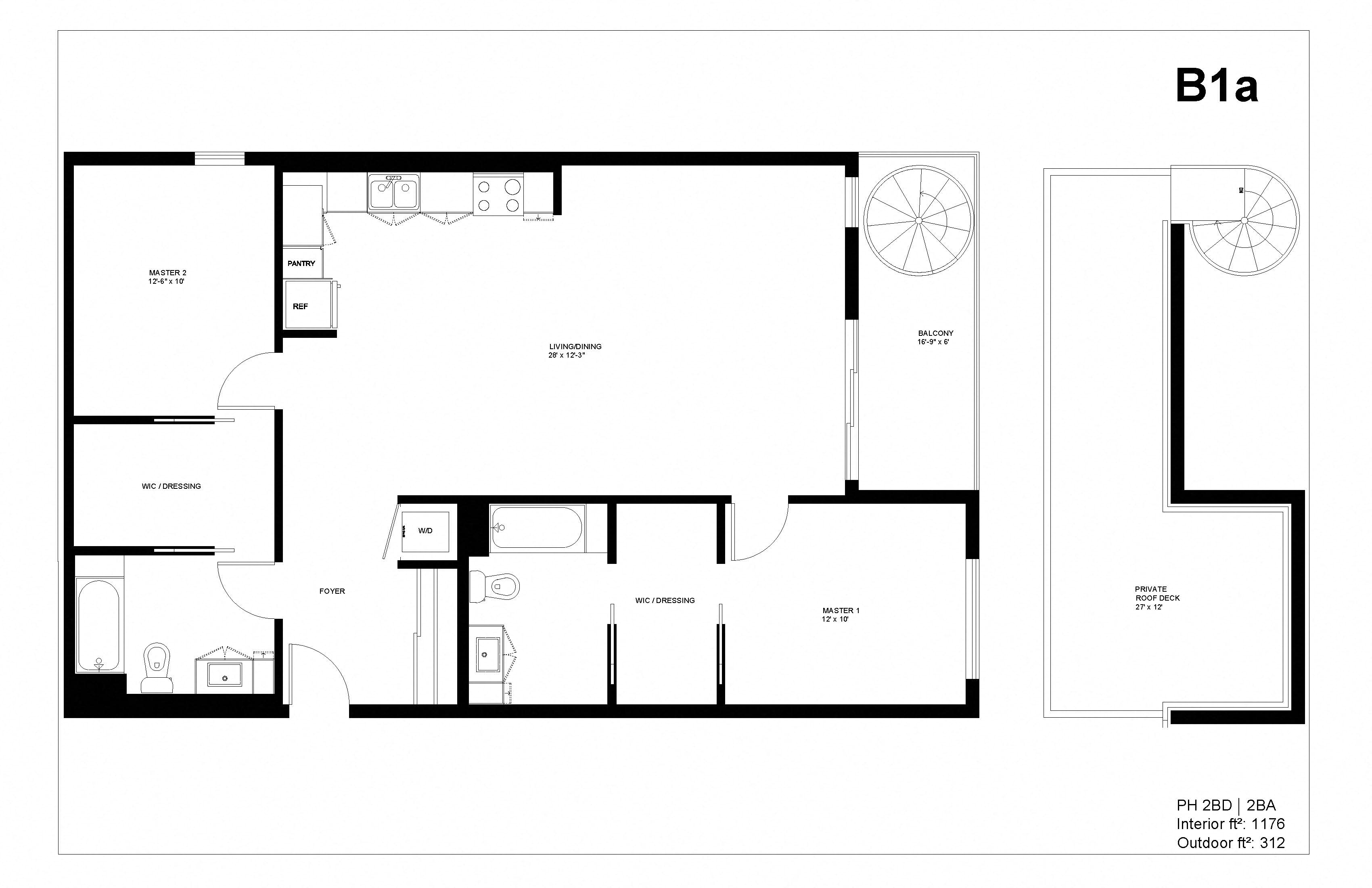 Floor plan for 2 beds, 2 baths, 1176 sqft