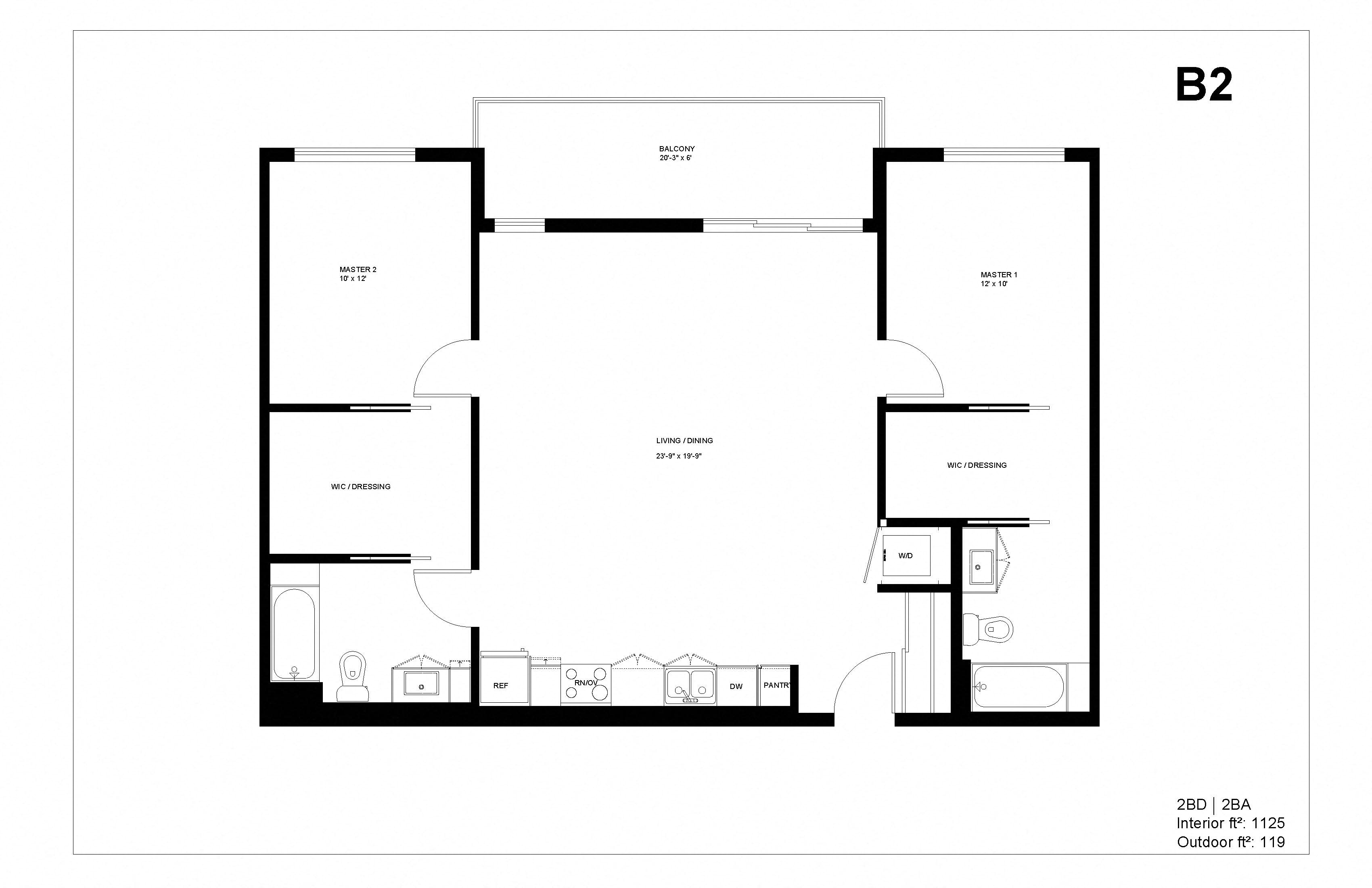 Floor plan for 2 beds, 2 baths, 1125 sqft