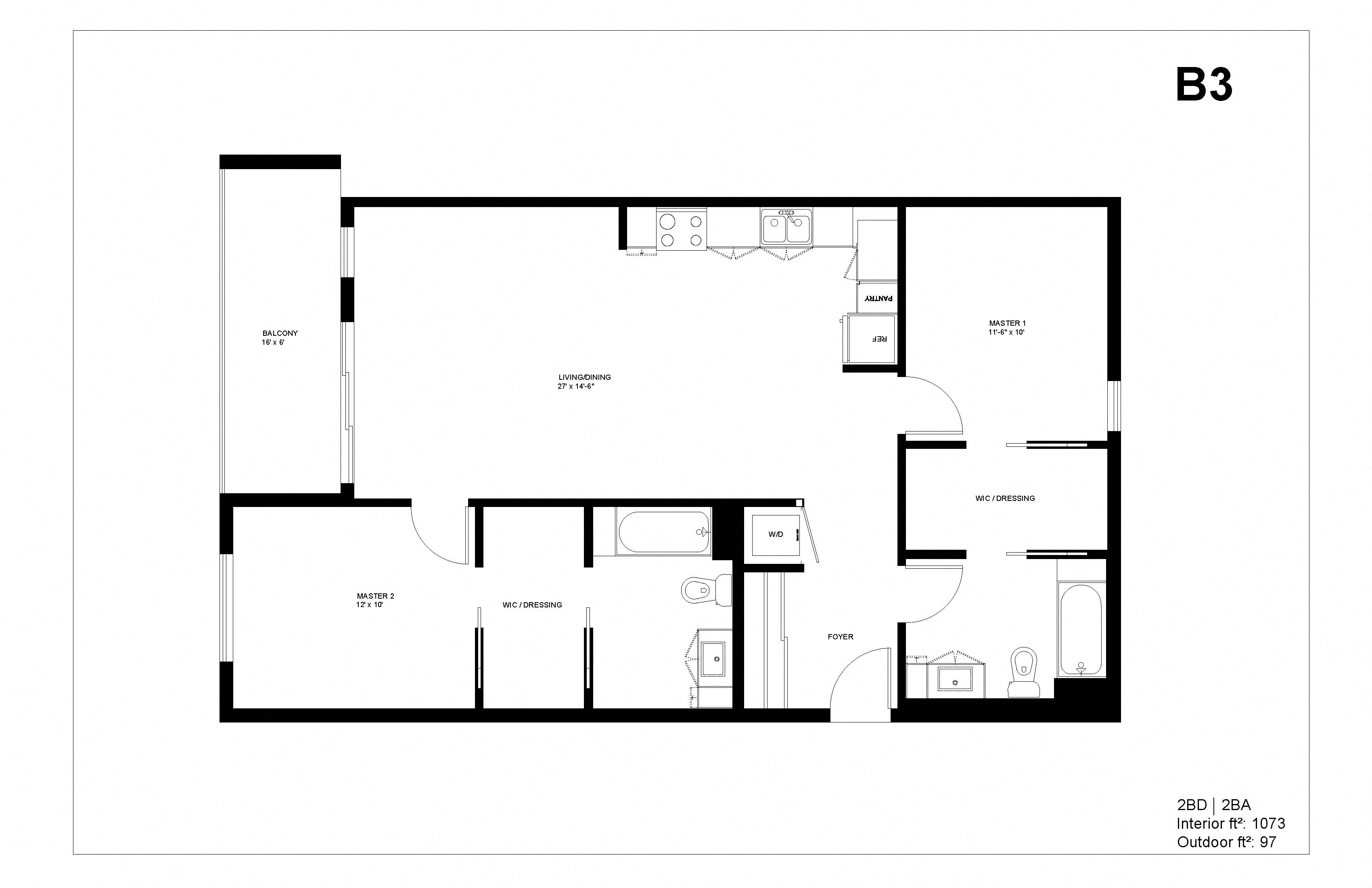 Floor plan for 2 beds, 2 baths, 1073 sqft