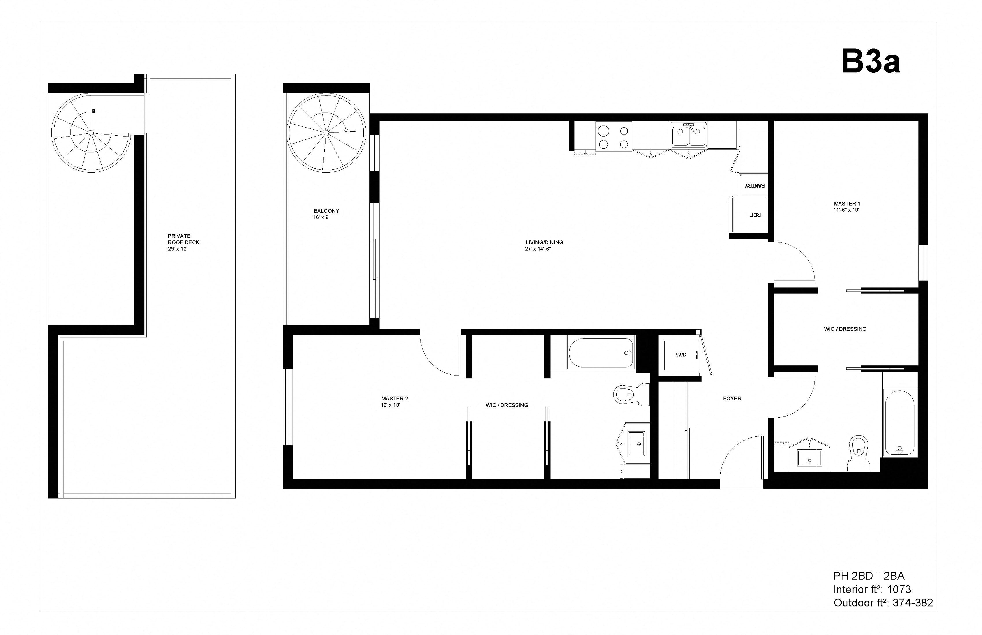 Floor plan for 2 beds, 2 baths, 1073 sqft