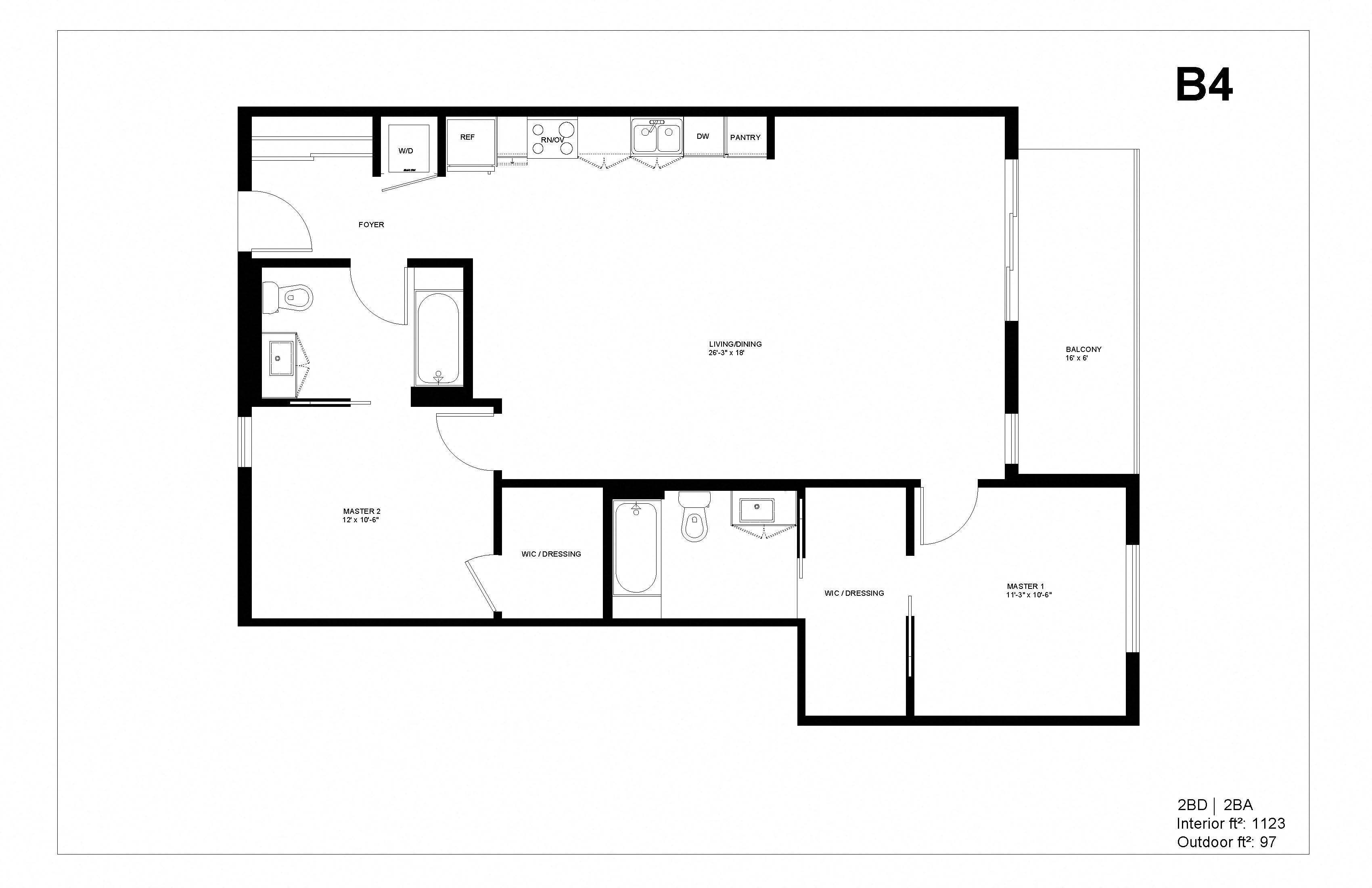 Floor plan for 2 beds, 2 baths, 1123 sqft