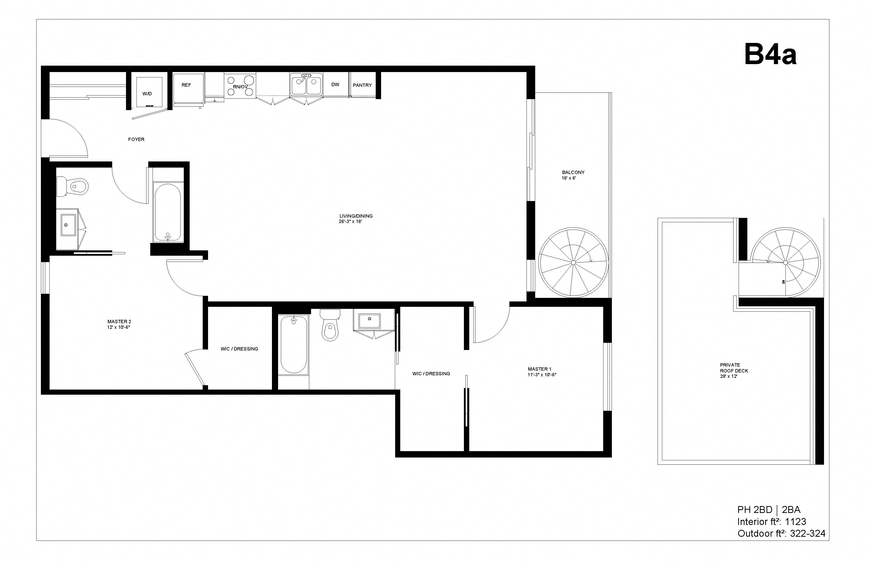 Floor plan for 2 beds, 2 baths, 1123 sqft