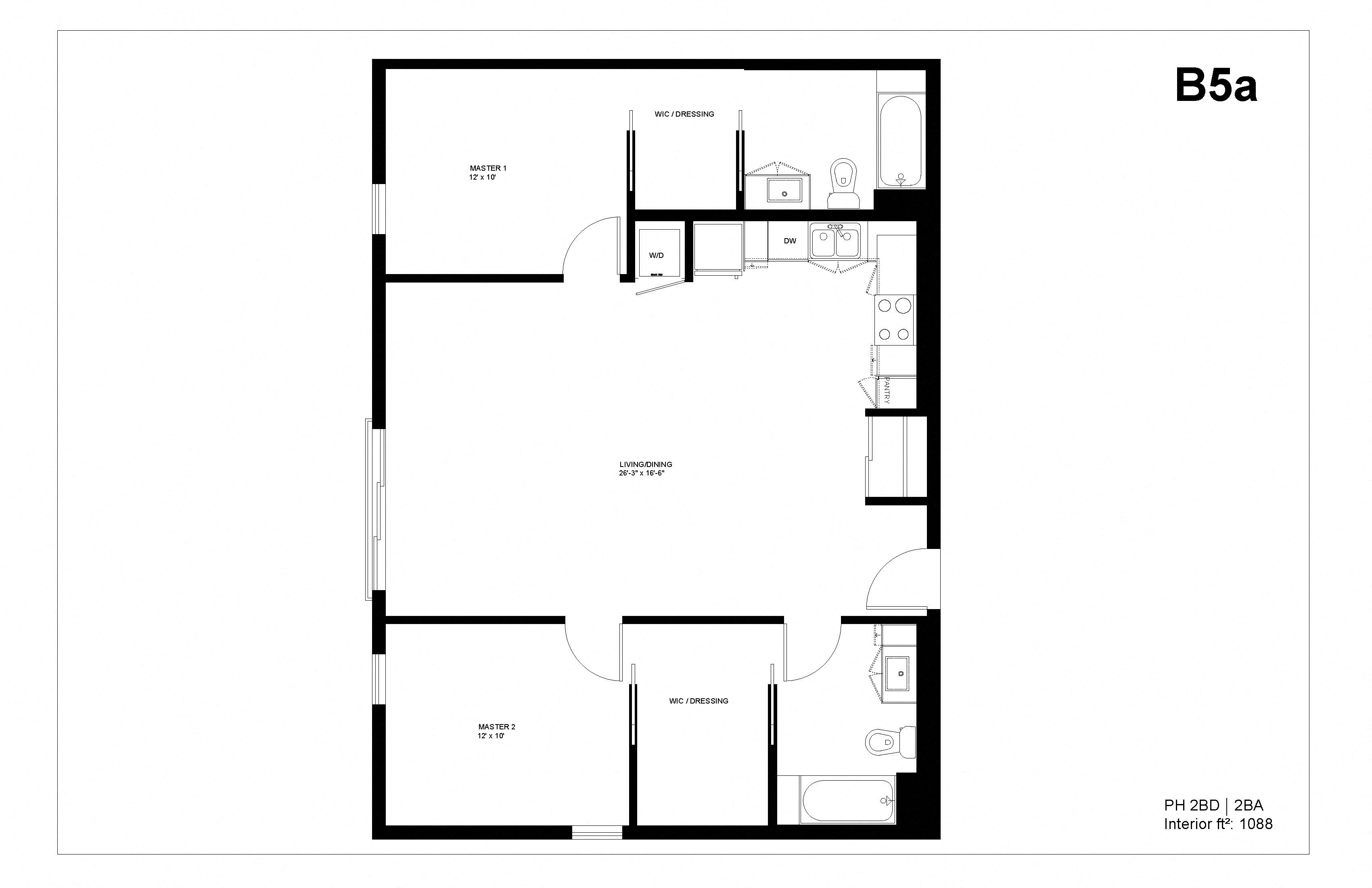 Floor plan for 2 beds, 2 baths, 1088 sqft