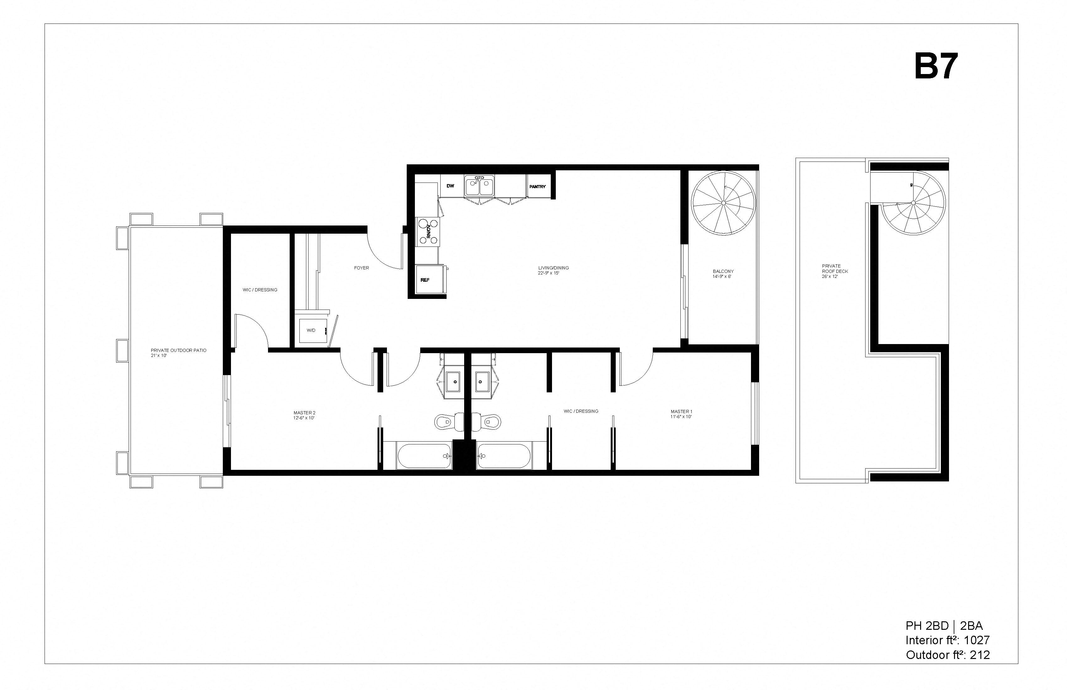 Floor plan for 2 beds, 2 baths, 1027 sqft