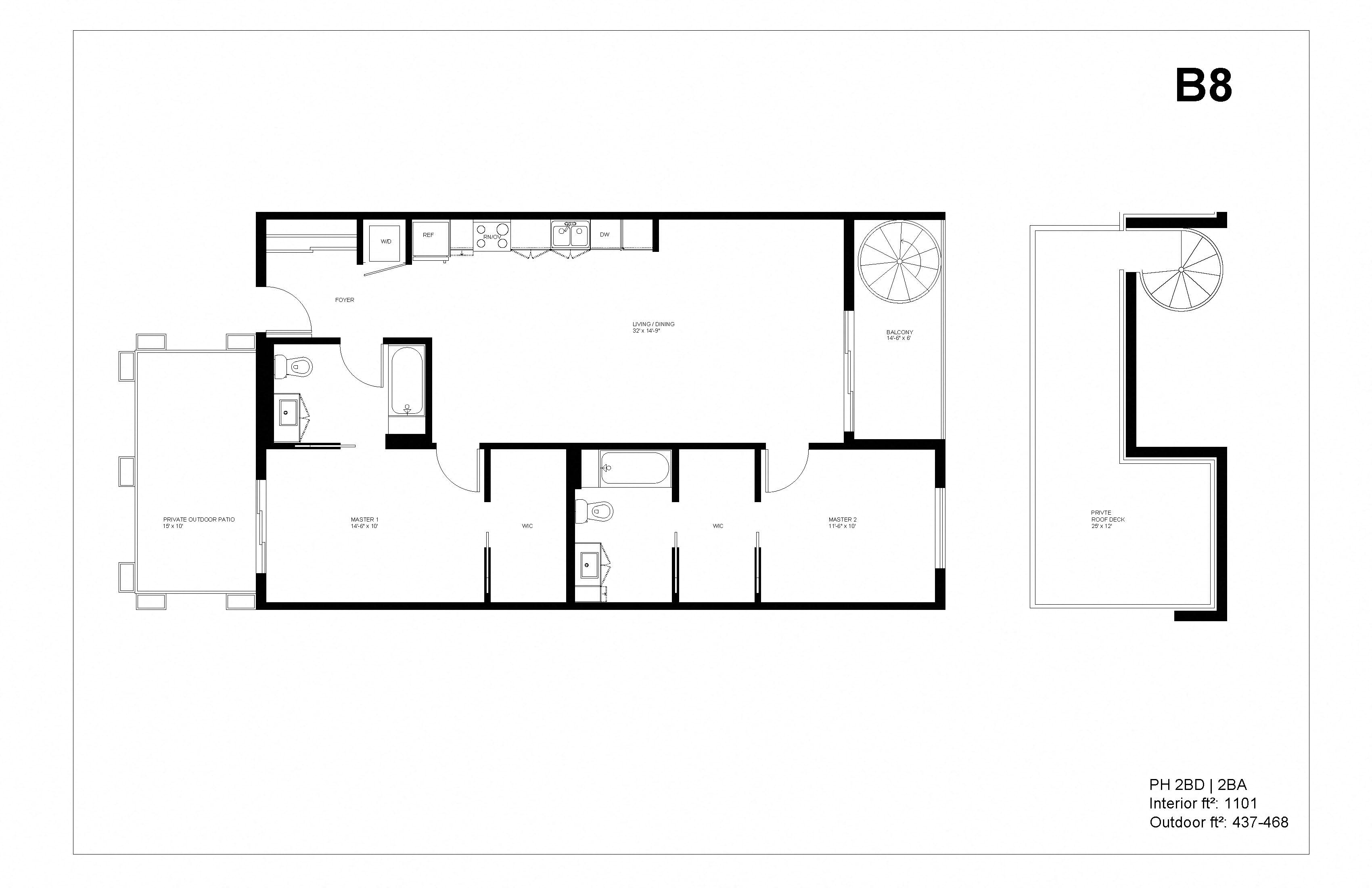 Floor plan for 2 beds, 2 baths, 1101 sqft