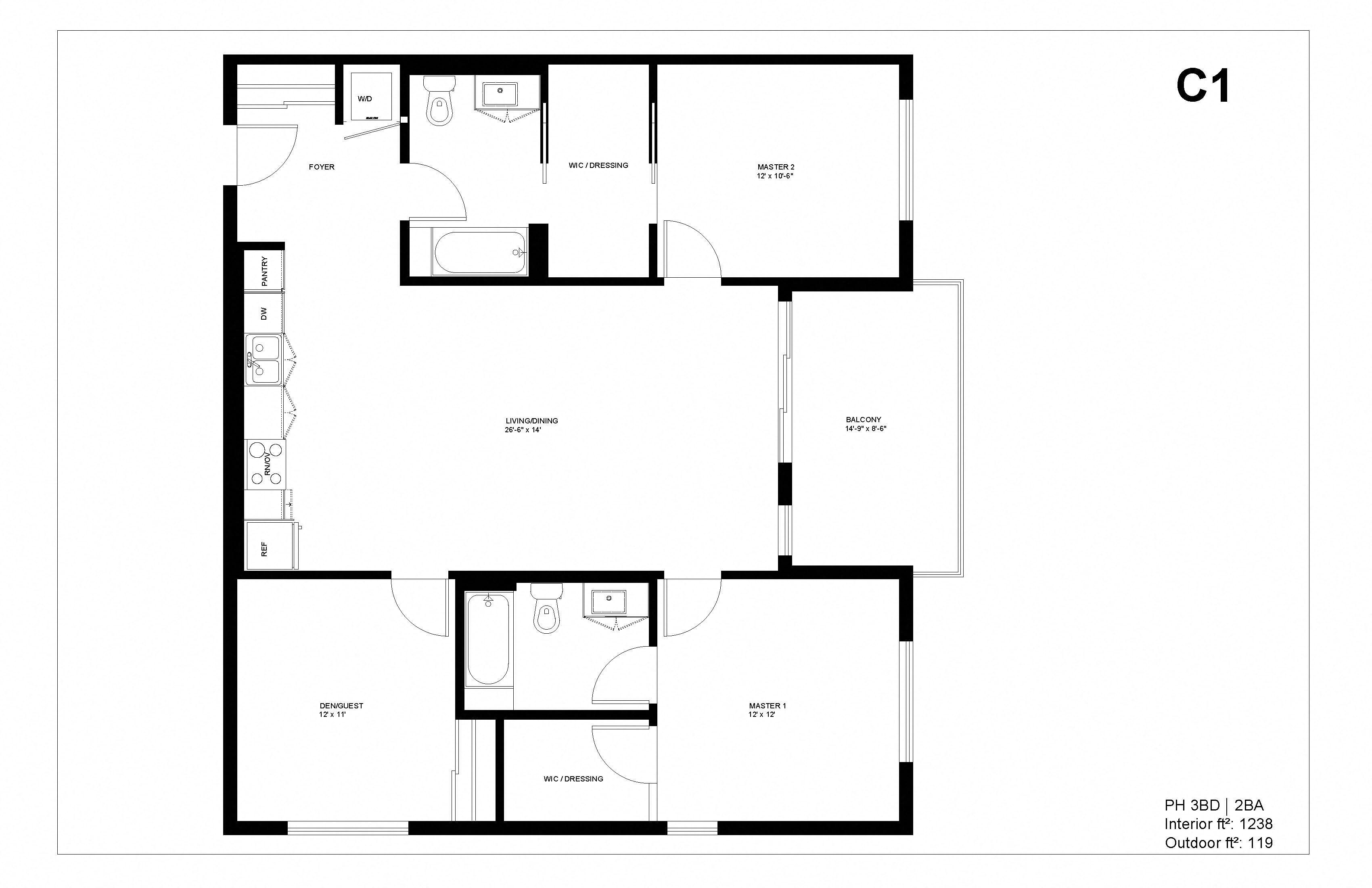 Floor plan for 3 beds, 2 baths, 1238 sqft