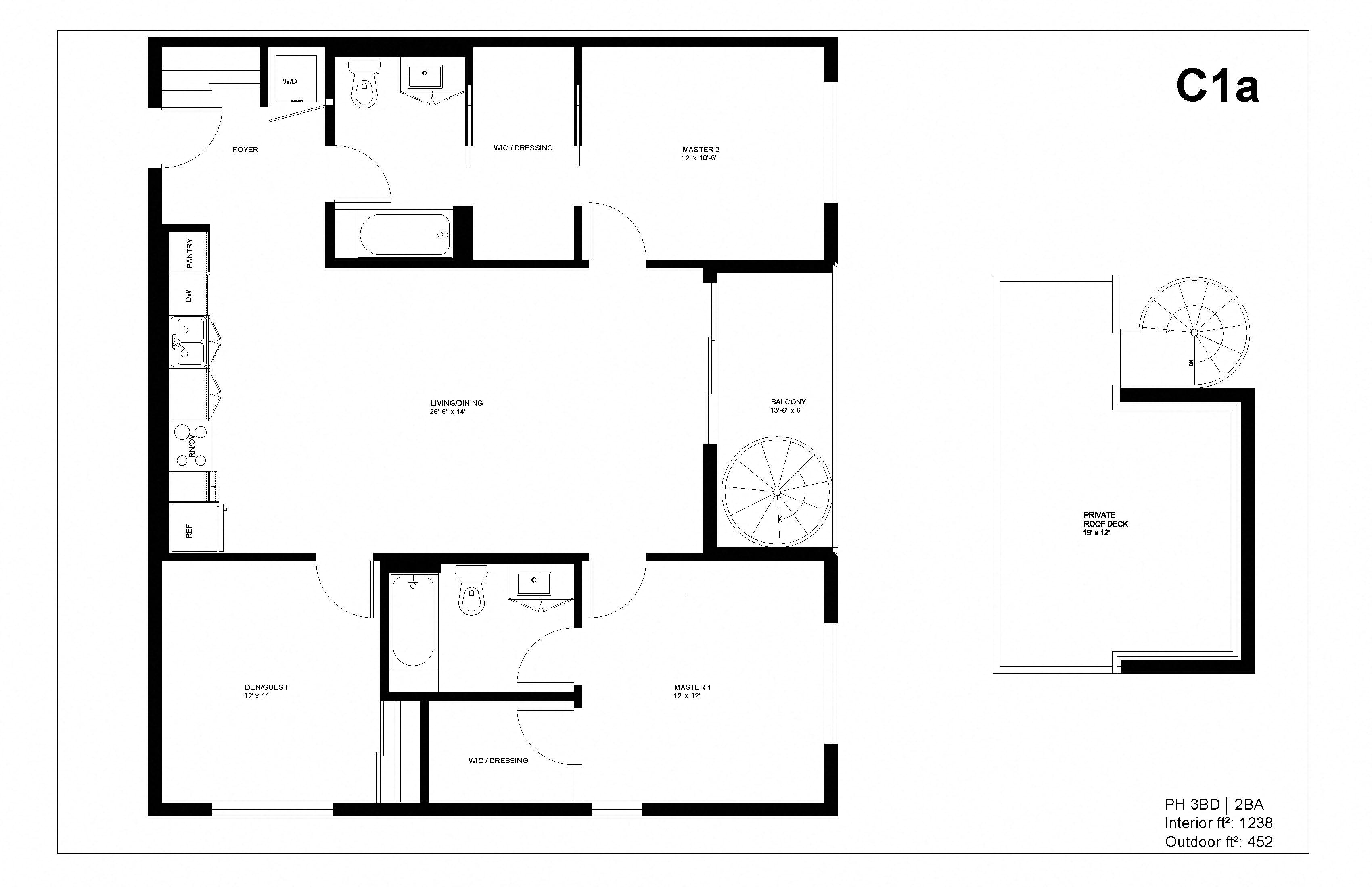 Floor plan for 3 beds, 2 baths