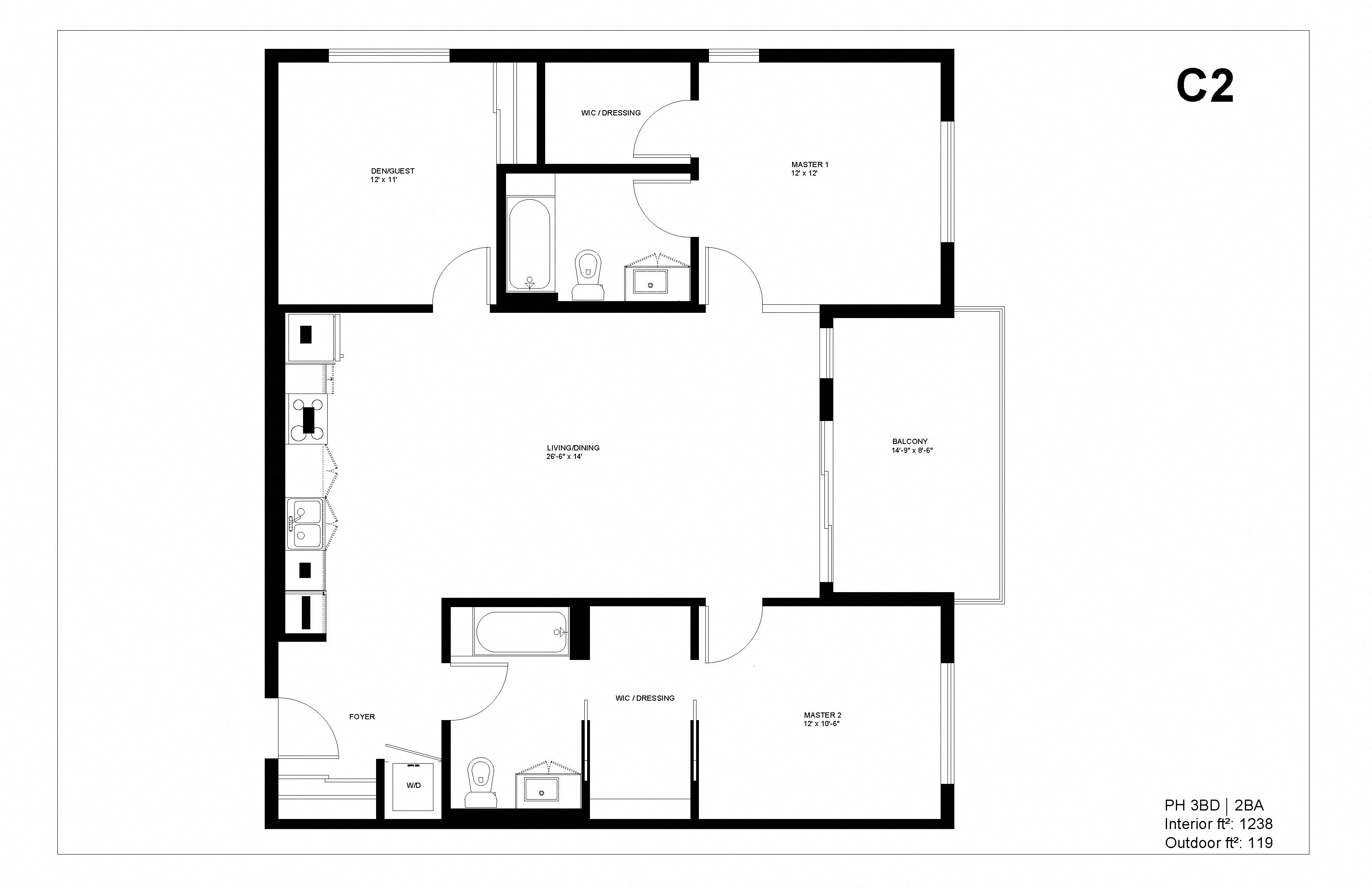 Floor plan for 3 beds, 2 baths, 1238 sqft