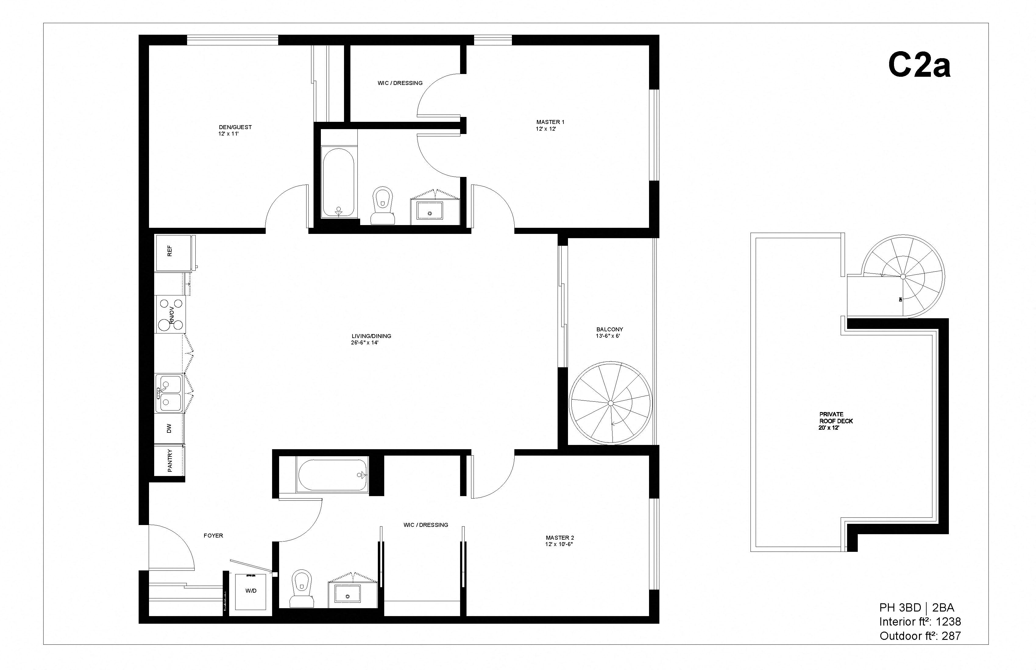 Floor plan for 3 beds, 2 baths, 1237 sqft