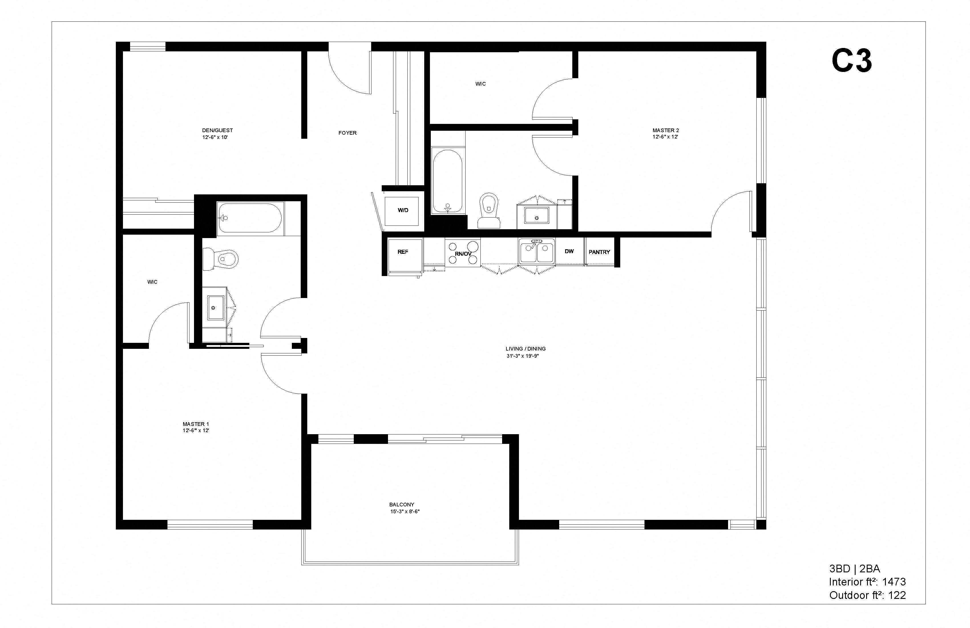 Floor plan for 3 beds, 2 baths