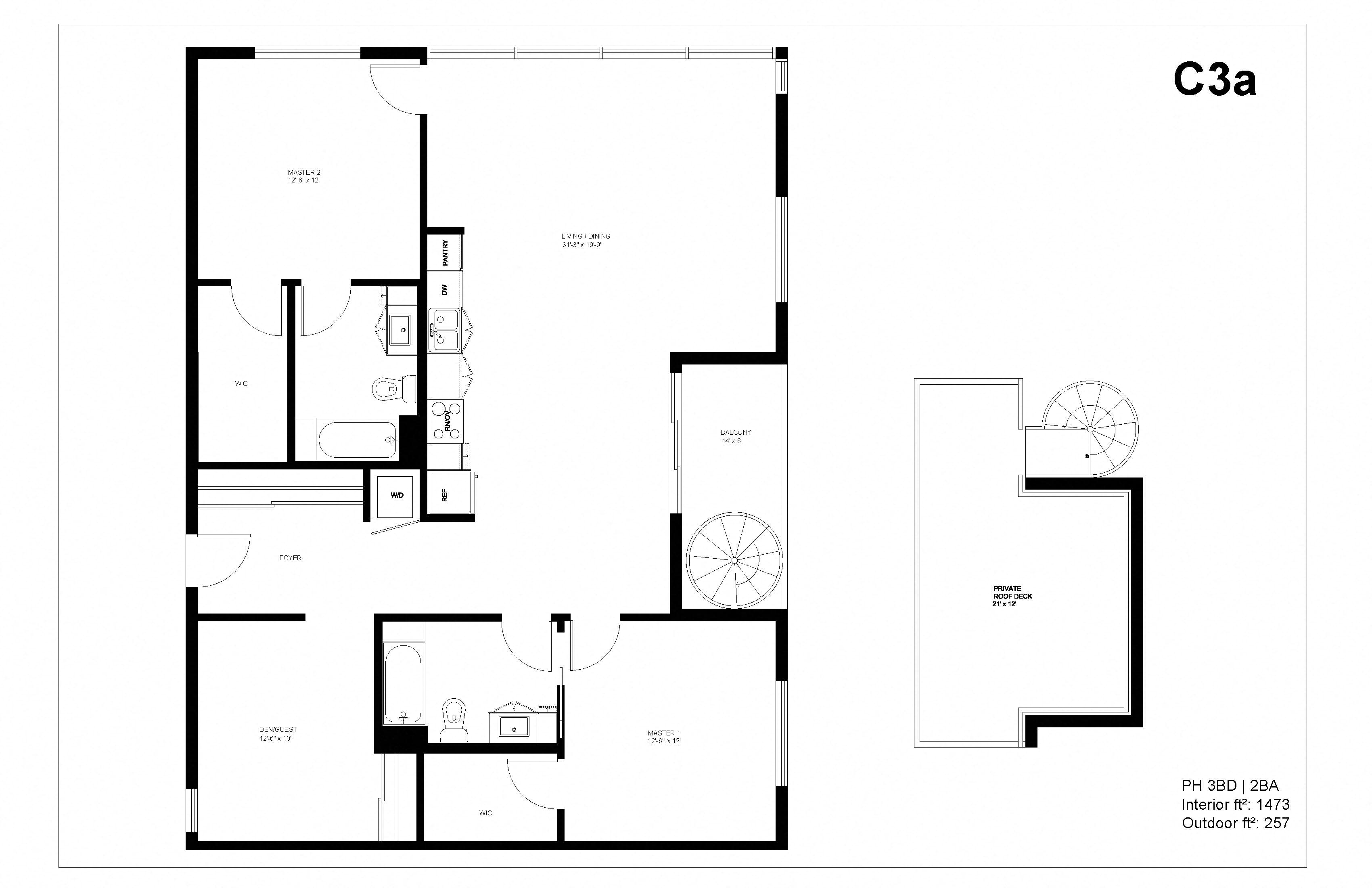 Floor plan for 3 beds, 2 baths