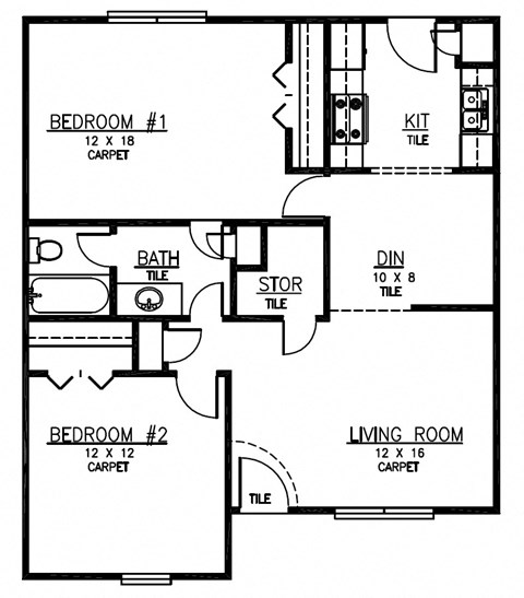 Floor plan for 2 beds, 1 bath, 896 sqft
