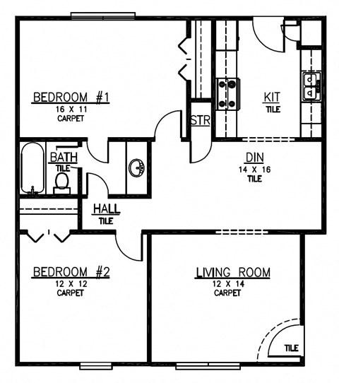 Floor plan for 2 beds, 1 bath, 900 sqft