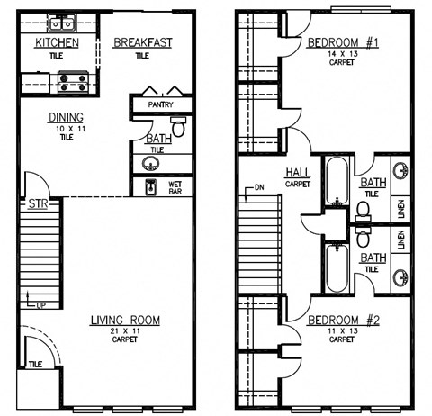 Floor plan for 2 beds, 2.5 baths, 1253 sqft