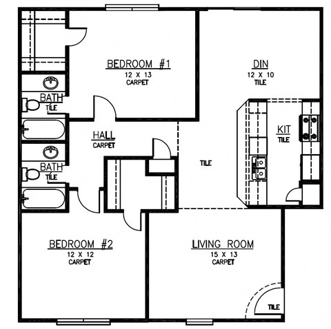 Floor plan for 2 beds, 2 baths, 1000 sqft