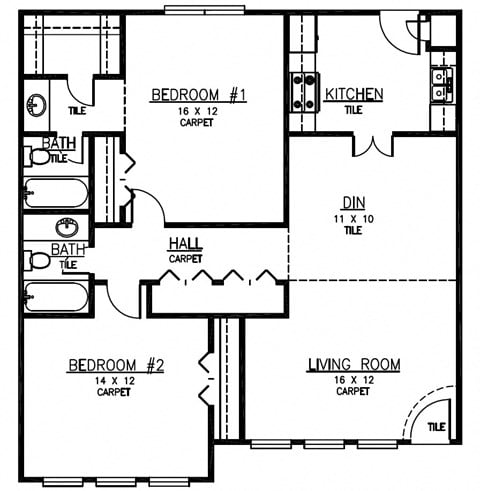 Floor plan for 2 beds, 2 baths, 1039 sqft