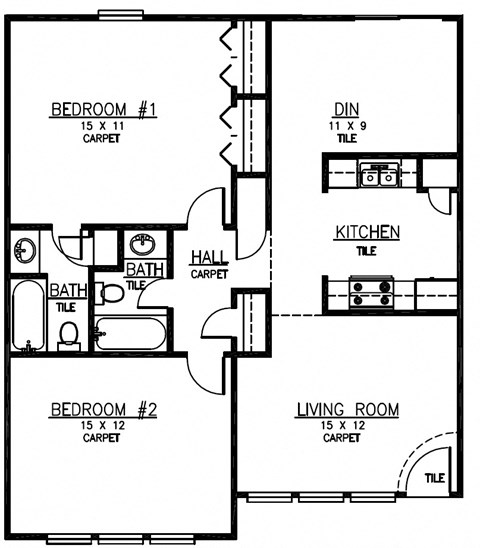 Floor plan for 2 beds, 2 baths, 1093 sqft