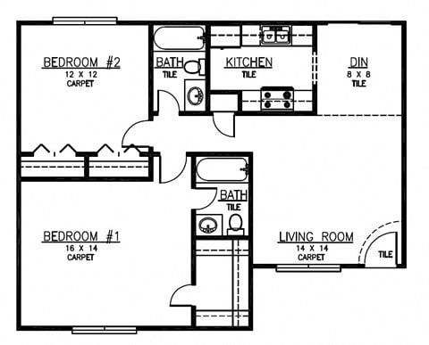Floor plan for 2 beds, 2 baths, 962 sqft