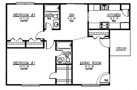 Floor plan for 2 beds, 2 baths, 986 sqft