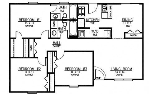 Floor plan for 3 beds, 2 baths, 1240 sqft