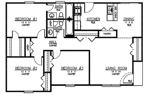 Floor plan for 3 beds, 2 baths, 1262 sqft