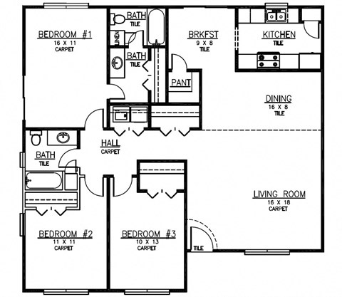 Floor plan for 3 beds, 2 baths, 1281 sqft