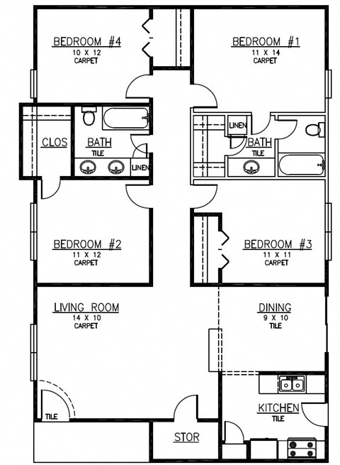 Floor plan for 4 beds, 2 baths, 1466 sqft