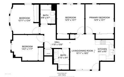 Floor plan for 4 beds, 2 baths, 1298 sqft