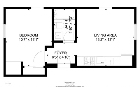 Floor plan for 1 bed, 1 bath, 448 sqft
