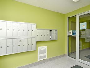 Waterloo apartment for rent - A row of white mailboxes on a green wall.