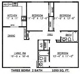 Floor plan for 3 beds, 2 baths, 1146 sqft