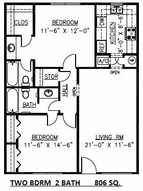 Floor plan for 2 beds, 2 baths, 913 sqft