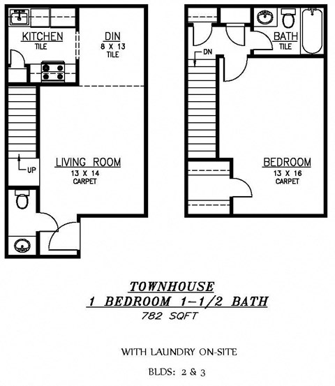 Floor plan for 1 bed, 1.5 baths, 782 sqft