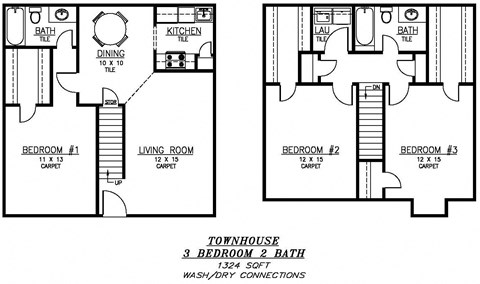 Floor plan for 3 beds, 2 baths, 1324 sqft