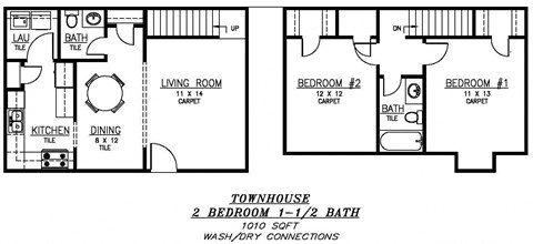Floor plan for 2 beds, 1.5 baths, 1010 sqft
