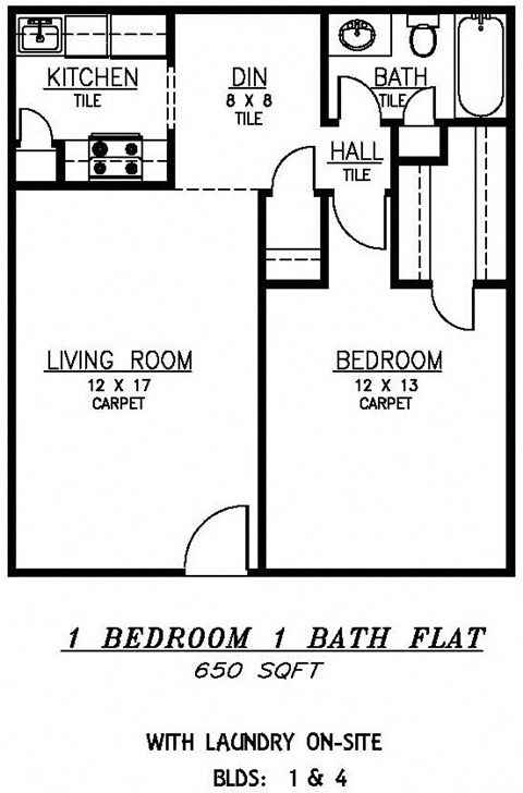 Floor plan for 1 bed, 1 bath, 650 sqft
