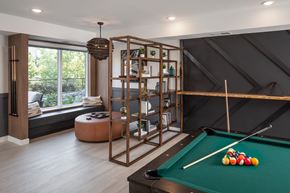 Burnsville apartment for rent - A pool table with a green cloth and a set of pool balls on it.