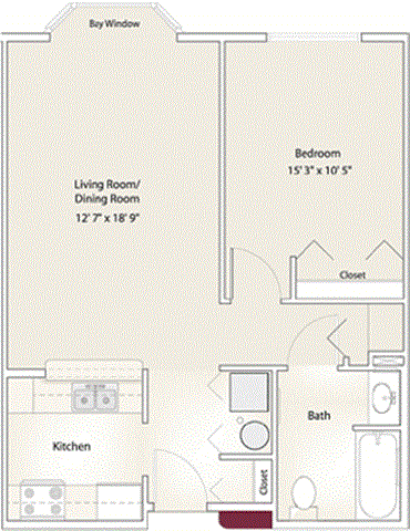Floor plan for 1 bed, 1 bath, 658 sqft