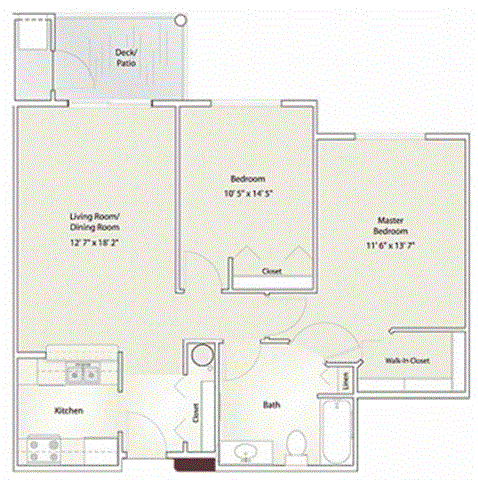 Floor plan for 2 beds, 1 bath, 904 sqft