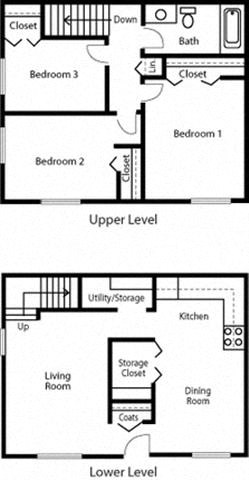 Floor plan for 3 beds, 1 bath