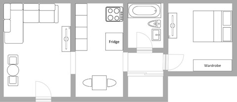 Floor plan for 1 bed, 1 bath, 731 sqft