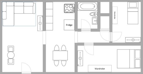 Floor plan for 2 beds, 1 bath, 847 sqft