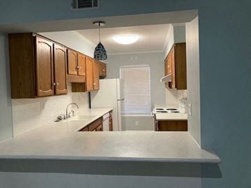 Beaufort - Available Now apartment for rent - A kitchen with wooden cabinets and a white countertop.