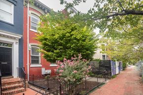 Washington apartment for rent - A tree with pink flowers is in front of a red brick house.